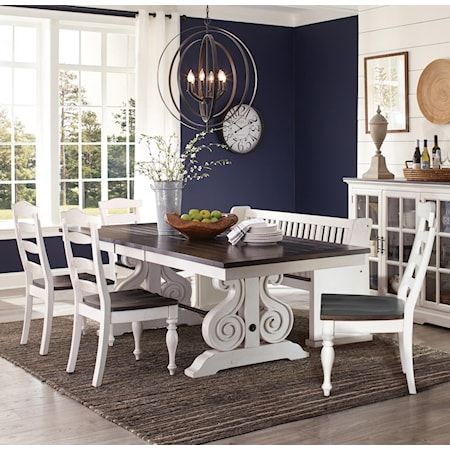 6 Piece Cottage Dining Set with Trestle Table and Banquette Bench