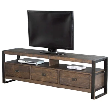 64" TV Console with Distressed Pine Shelves & Industrial Metal Frame