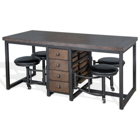 Industrial 5 Piece Table Set with Attached Stools