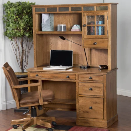 Distressed Oak Single Pedestal Desk and Hutch with Slate