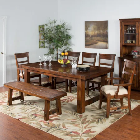 Distressed Mahogany 7-Piece Extension Table Set with Bench