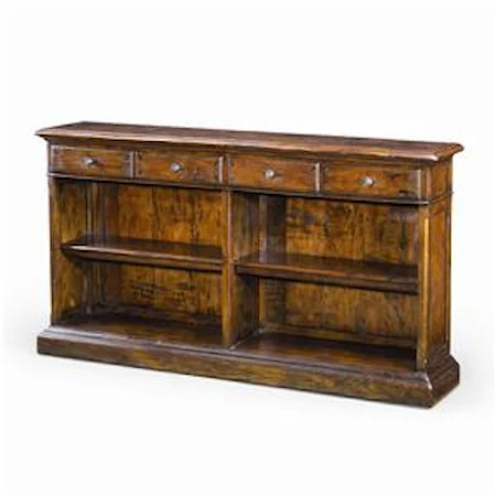 Antiqued Wood Dwarf Open Bookcase with Drawers