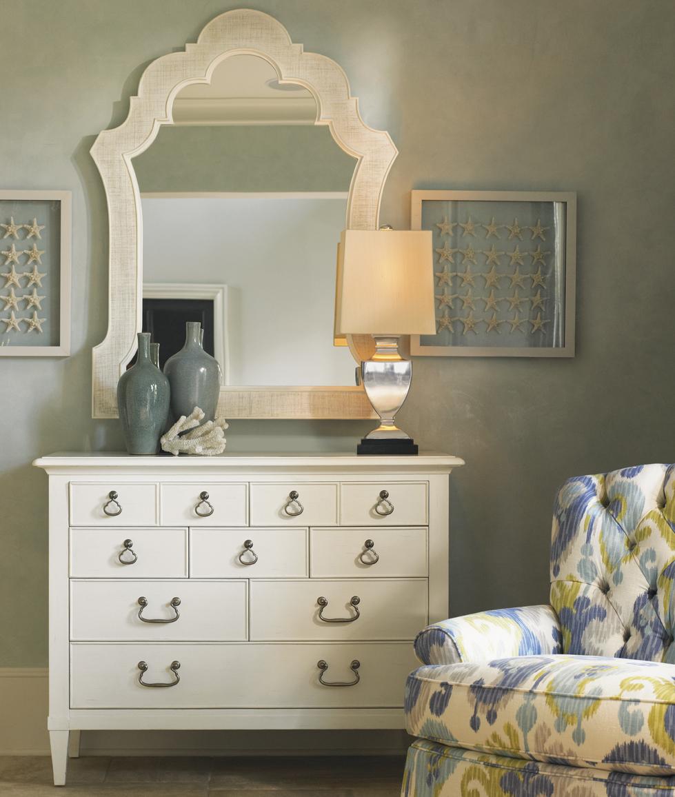 Tommy Bahama Home Ivory Key 543-222x1+543-204x1 8 Drawer Elbow Beach Dresser  and Woven Raffia Sandys Mirror | Baer's Furniture | Dresser + Mirror Combo