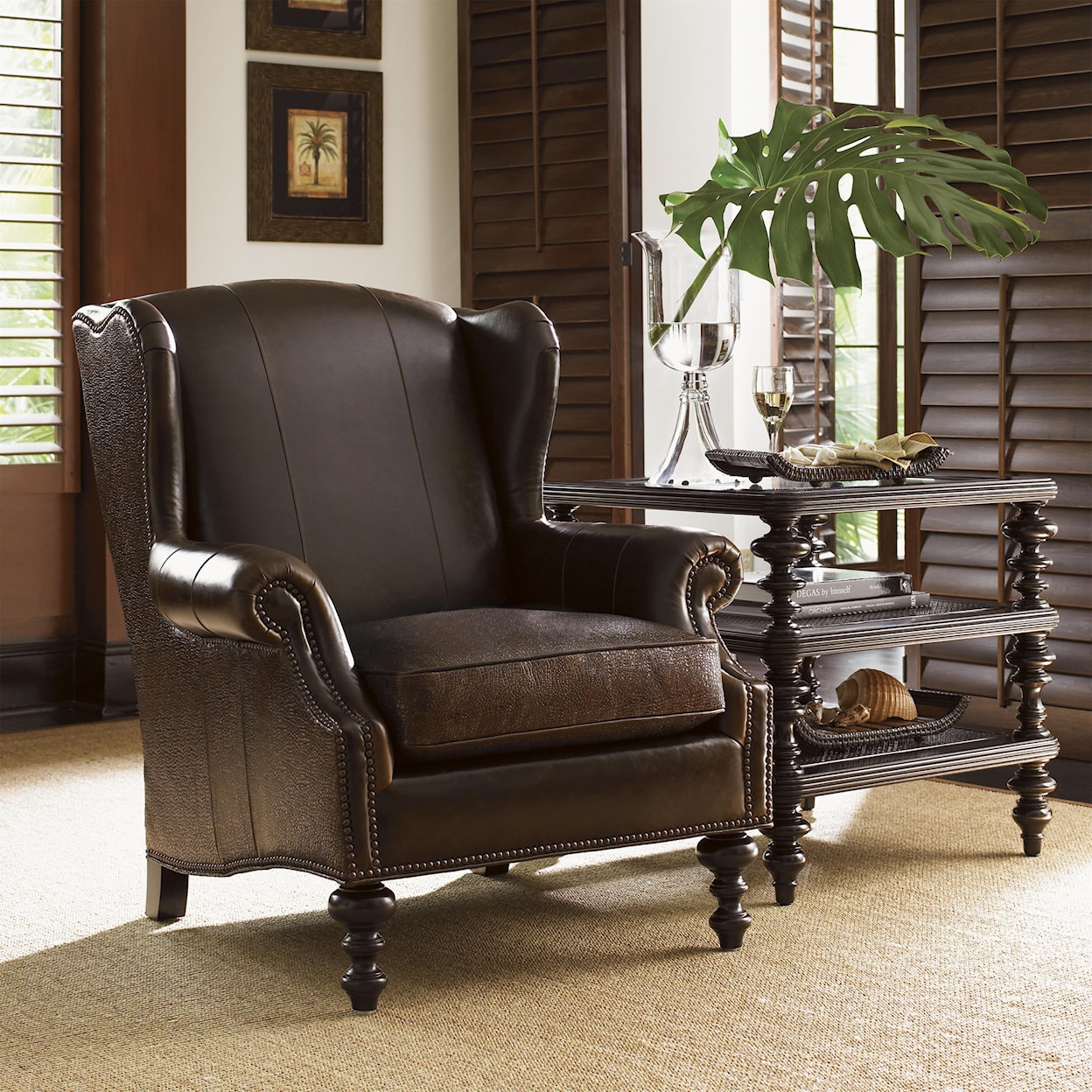 Tommy Bahama Home Royal Kahala Batik Leather Wing Chair