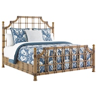 St. Kitts Woven Rattan Bed King Size with Leather Wrappings and Brass Finials