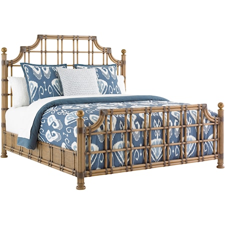 St. Kitts Woven Rattan Bed Queen Size with Leather Wrappings and Brass Finials