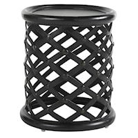 Round Accent Table with Woven Metal Base and Nailhead Detail