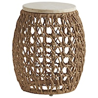 Boho Tropical Outdoor Round Woven Side Table with Stone Top