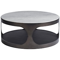 Contemporary Round Cocktail Table with Faux Leather Bottom Shelf and Smooth Stone Top