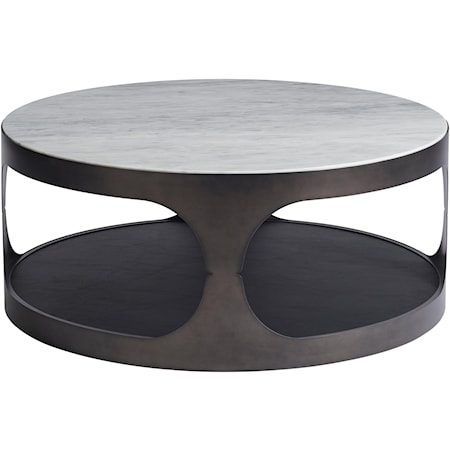 Contemporary Round Cocktail Table with Faux Leather Bottom Shelf and Smooth Stone Top