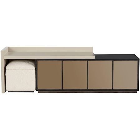 Heath Entertainment Console with Bronze Mirror Doors, Adjustable Shelves, and Accent Stool