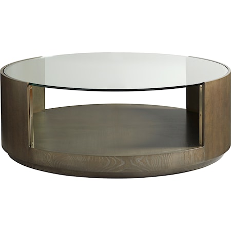 Transitional Round Wood Cocktail Table with Glass Top