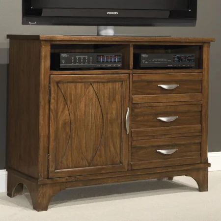 Media Chest with 2 Shelves, 3 Visible Drawers, and 1 Door with Hidden Drawer Inside