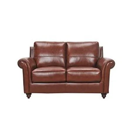 Leather Loveseat with Rolled Arms and Turned Wood Feet