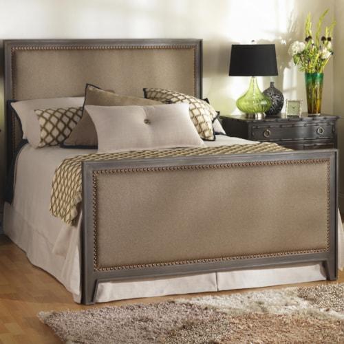 Queen Avery Iron Bed with Upholstered Panels and Nailhead Trim