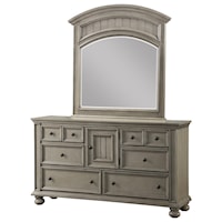Rustic 6-Drawer Dresser and Mirror with Center Cabinet and Felt Lined Top Drawers