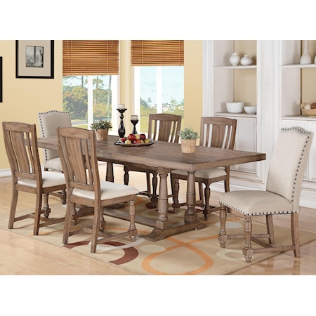 Transitional 7-Piece Trestle Table and Upholstered Chair Set