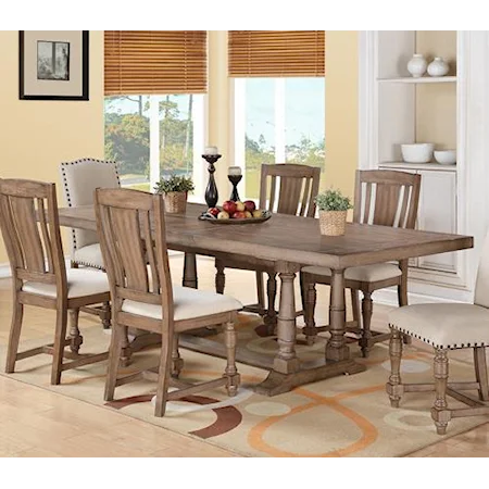 Transitional Rectangular Dining Table with Turned Trestle Base and Limed Finish