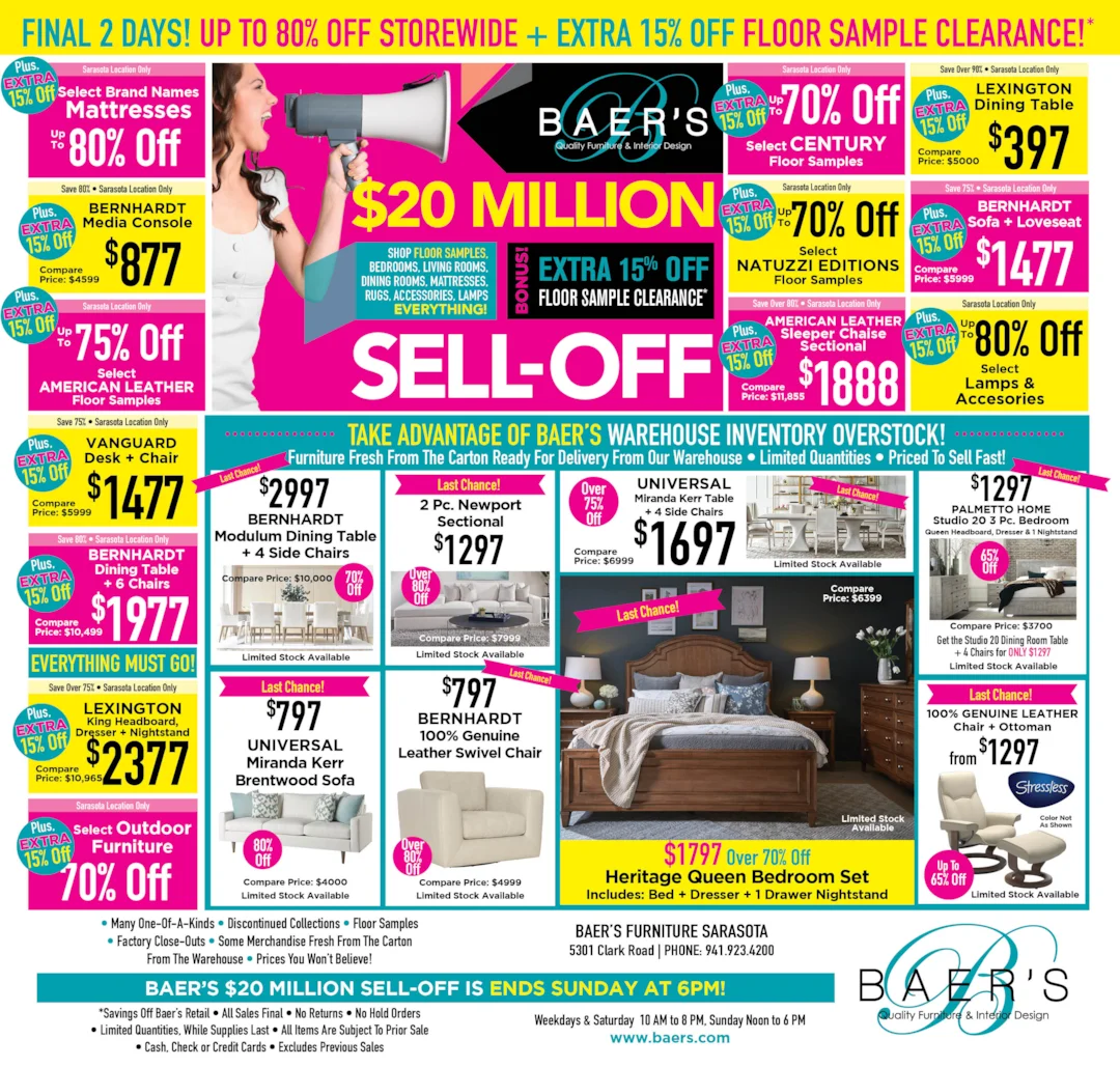 20 Million SellOff Sarasota Baer's Furniture Ft. Lauderdale, Ft. Myers, Orlando, Naples