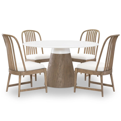 5-piece dining seat with four side chairs with upholstered seats and a round single pedestal two-toned dining table