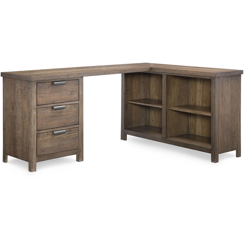 medium wood tone corner l-shaped desk with three drawers and open shelving