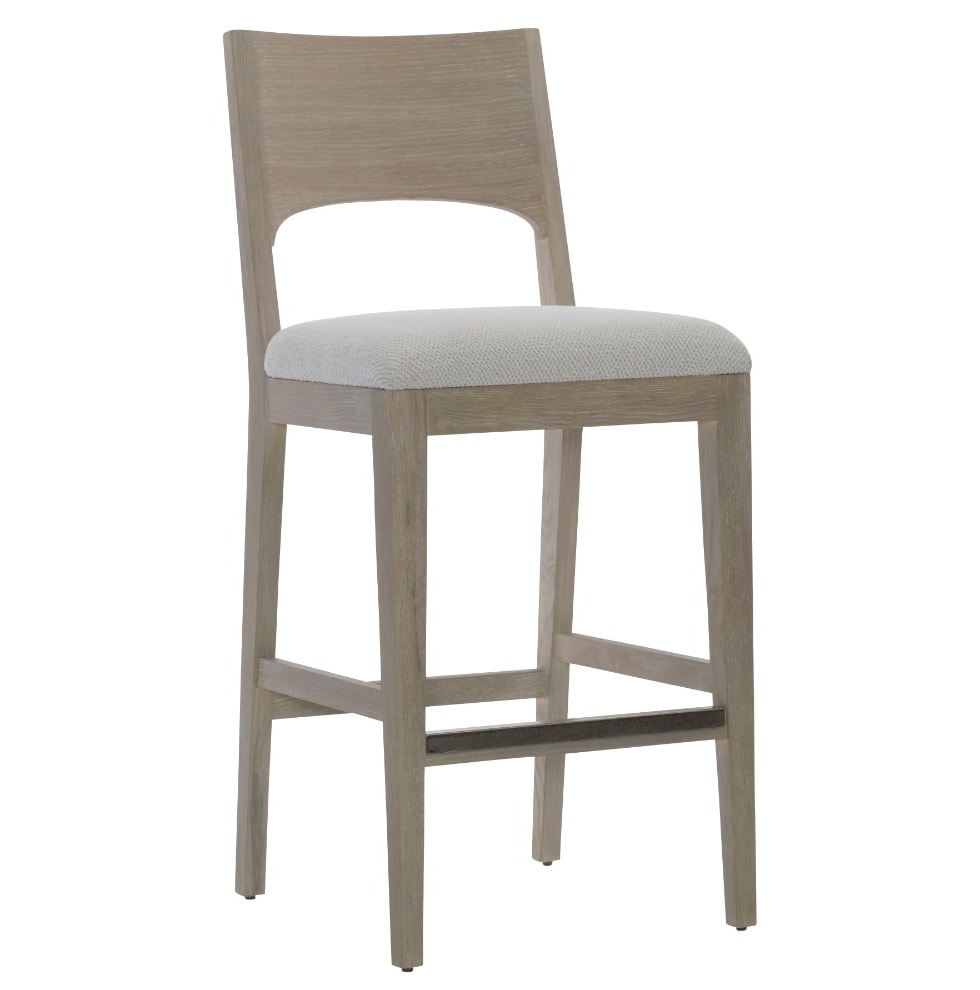 open wood back bar stool with fabric upholstered seat