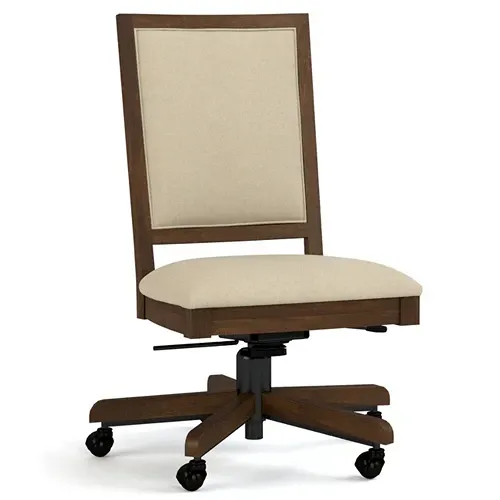 dark wood tone side chair with office wheels and upholstered seat and back