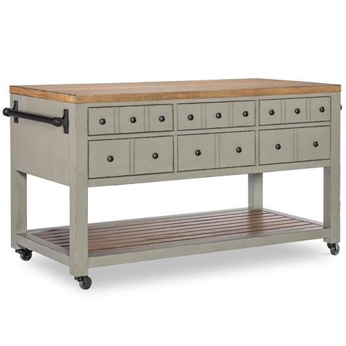 light grey kitchen island with cutting board top and drawers