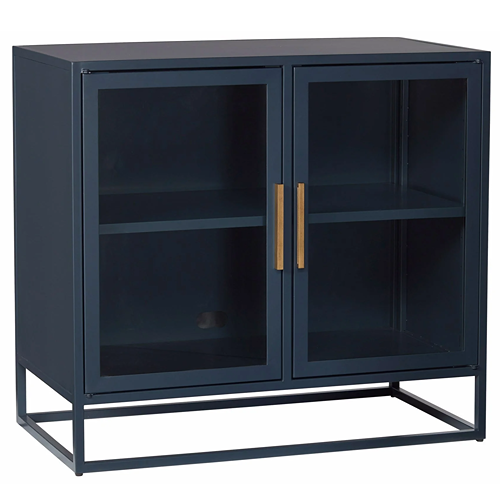 dark blue accent cabinet with glass doors