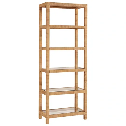 five shelf bookcase with open back and glass shelves