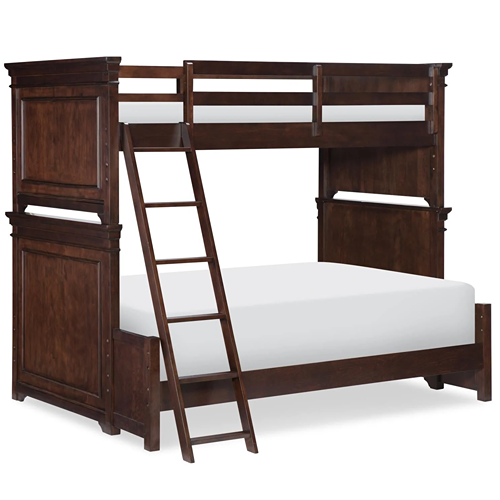 dark wood toned twin over full bunk bed with ladder