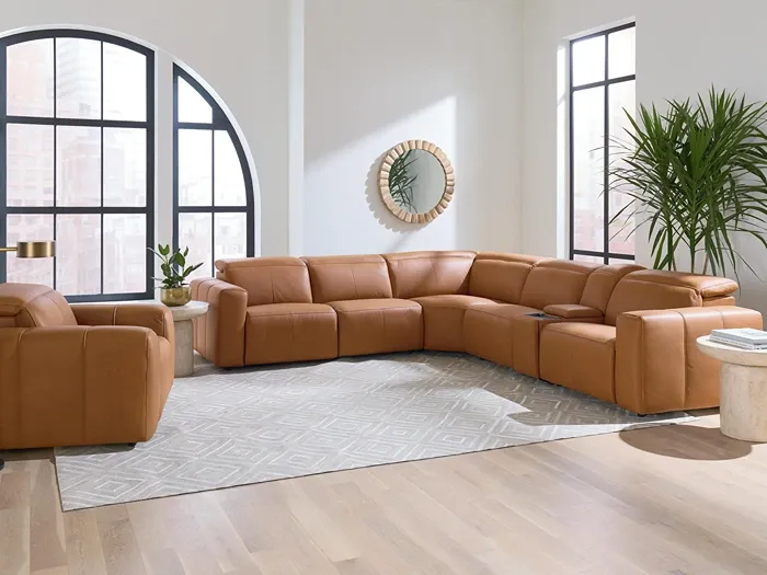 orange leather reclining sectional sofa and matching recliner