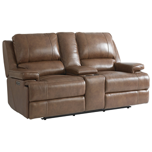 brown leather reclining loveseat with center storage console and cupholders