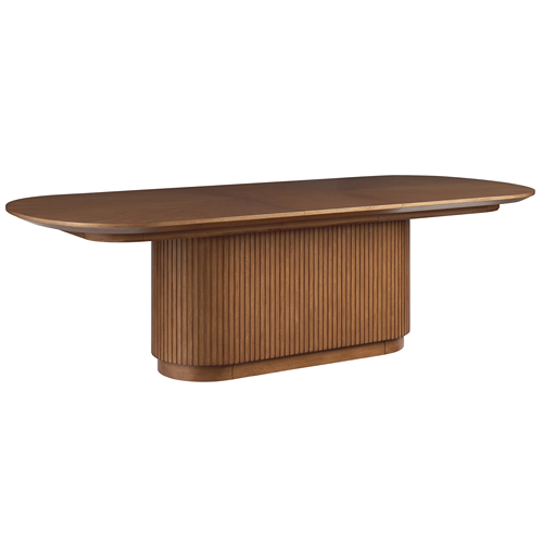 medium wood toned oval dining table with single reeded pedestal base
