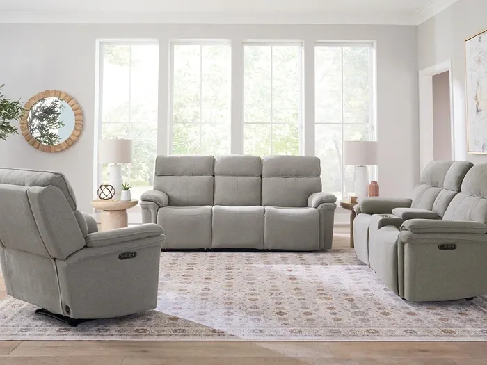 3-piece living room set with grey reclining sofa, reclining loveseat and recliner