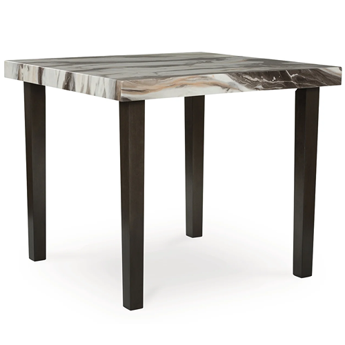 square dining table with patterned stone top and black legs