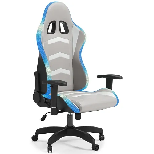 gaming chair with grey and blue designs