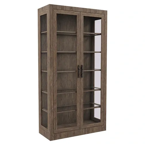 dark wood display cabinet with glass doors