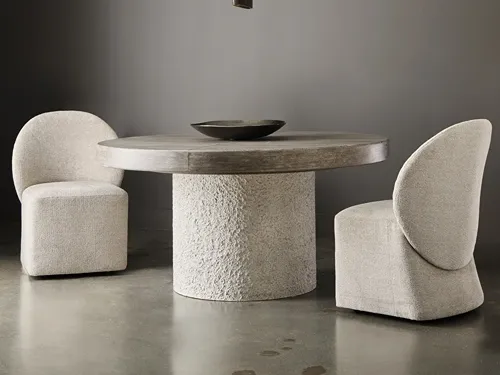 3-piece dining set with fully upholstered chairs and a single pedestal round dining table