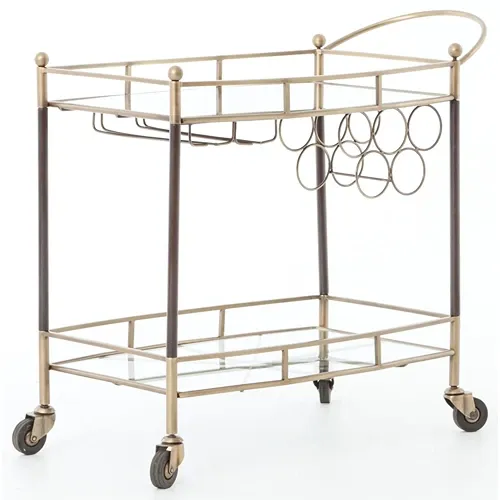 gold metal bar cart with glass shelves