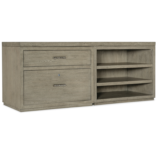 light wood tone office storage credenza with two drawers and open shelving