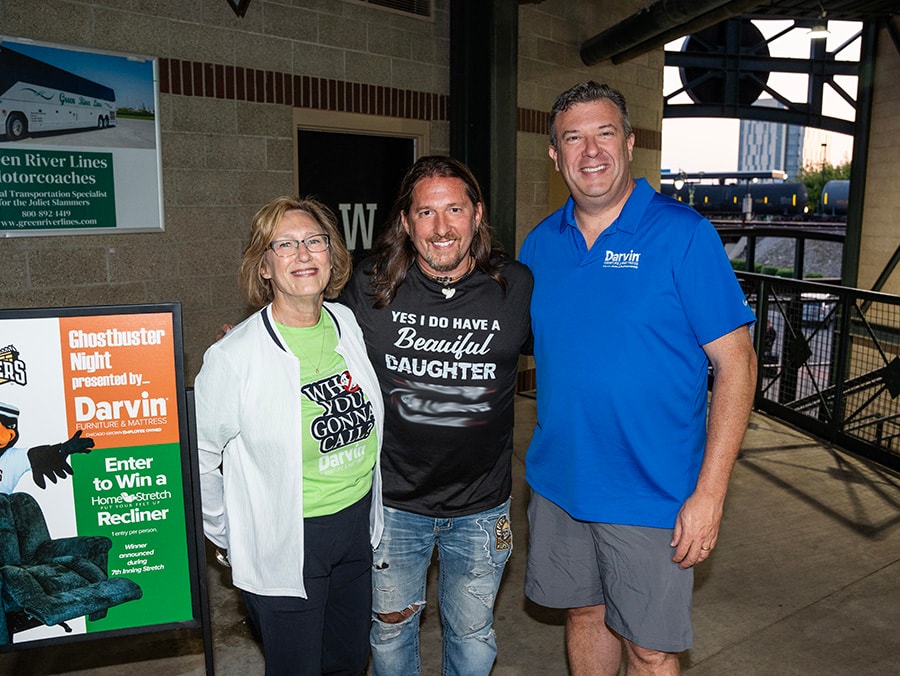 2024 Darvin Furniture & Mattress President Will Harris and Darvin associates at Joliet Slammers Ghostbuster Night