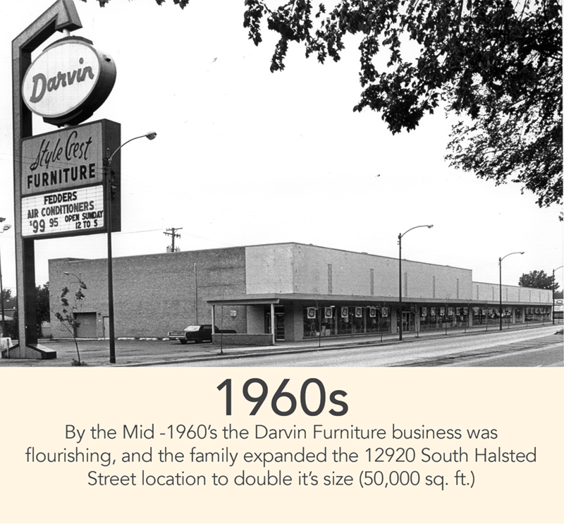 1960s - By the 1960’s the Darvin Furniture business was flourishing, 
and the family expanded the
12920 South Halsted Street, Chicago Illinois to double it's size