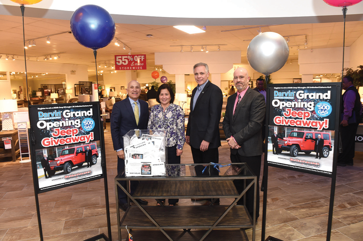 Marty Darvin, Carol Dizon, Mayor Pekau and Bob McGiveney at 2018 Jeep Giveaway at Darvin Furniture & Mattress