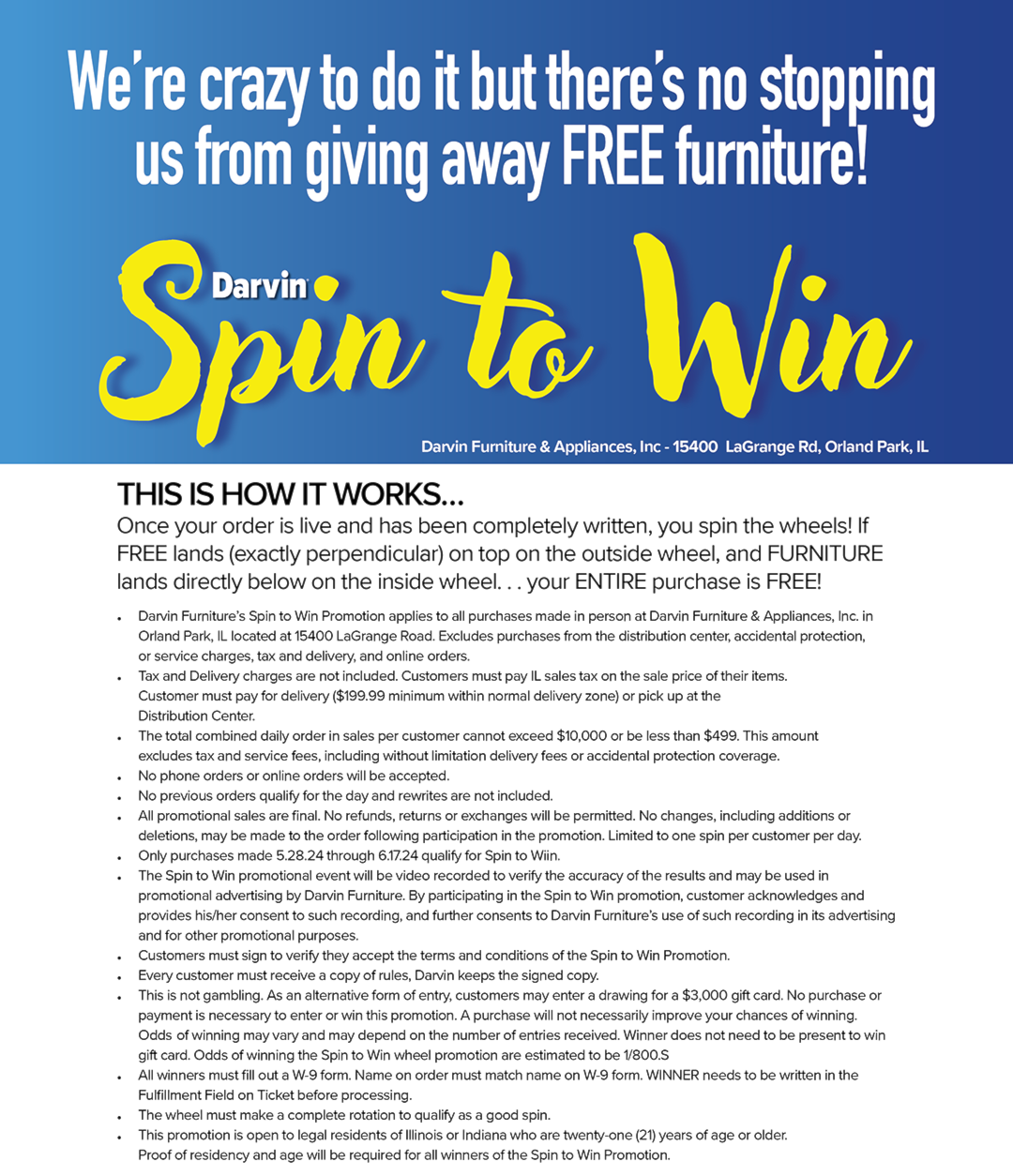 Spin to Win FREE Furniture at Darvin Furniture & Mattress