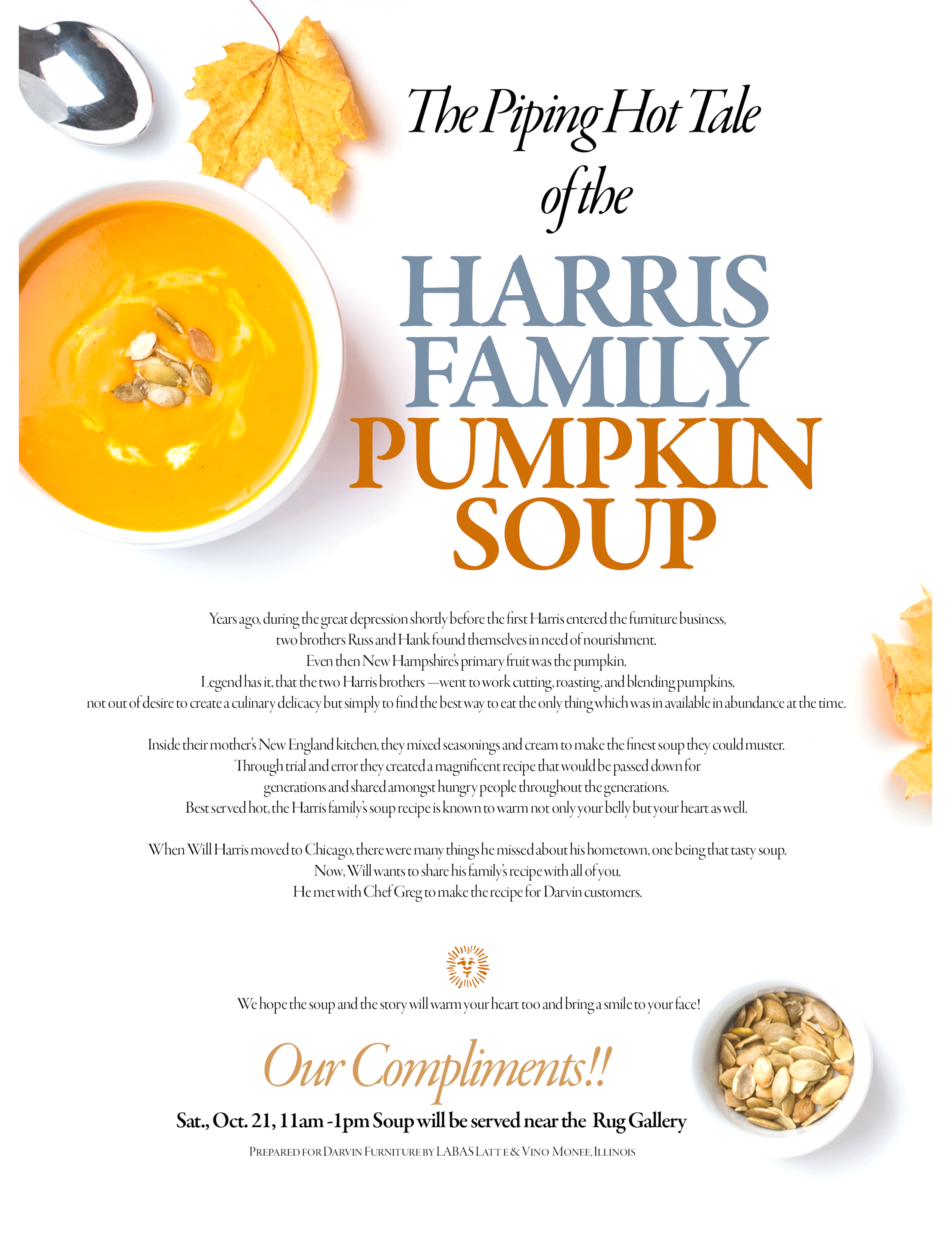 2023 - Will Harris President of Darvin shares family Pumpkin Soup Recipe - served at Darvin Furniture & Mattress