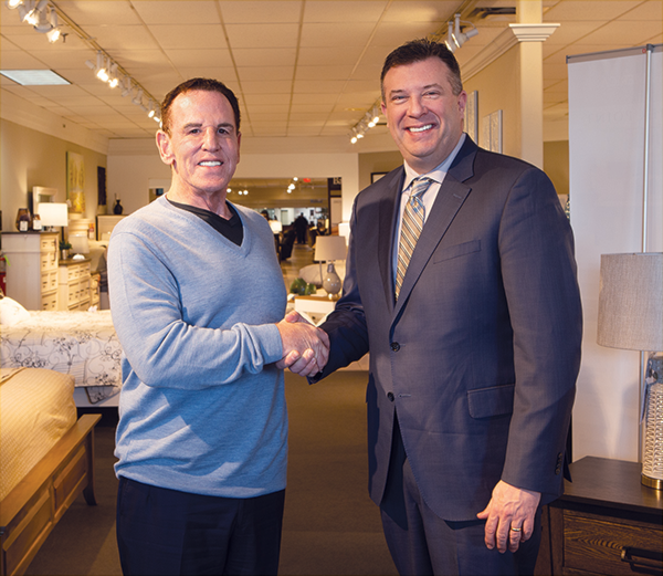 Patient Ambassador Ted Schwartz (left), pictured with Darvin Furniture & Mattress President Will Harris, recently visited the Orland Park showroom, and spoke to the employees about his experience with cancer.