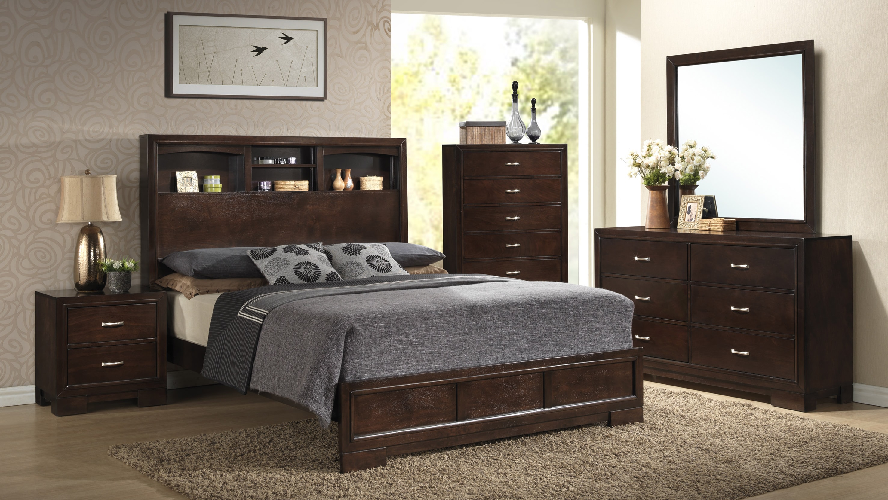 C4233 Bookie Queen Bedroom Group includes Queen Bed, Dresser and Mirror.  Additional items pictures include chest and nightstand.