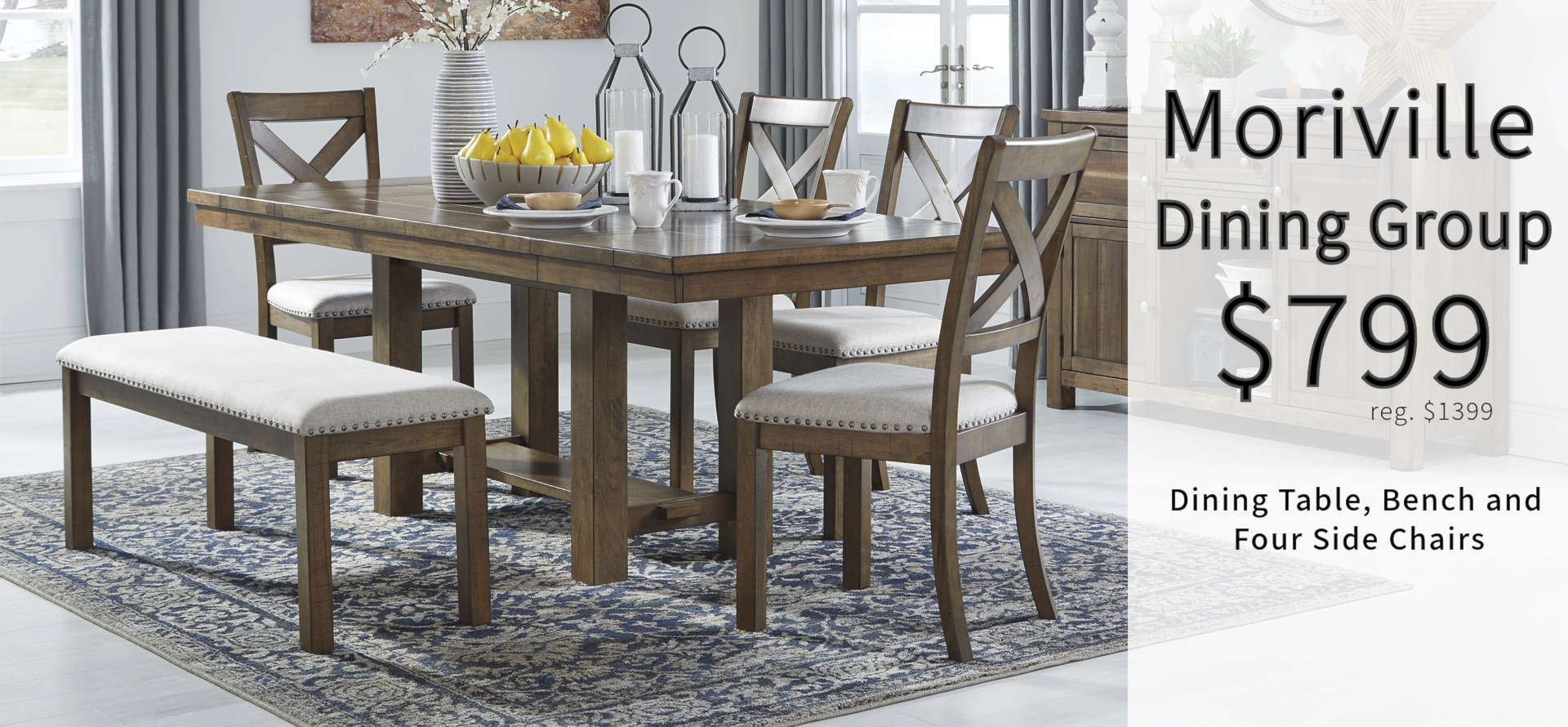 D631 Moriville 6 Piece dining group with table, bench and 4 side chairs