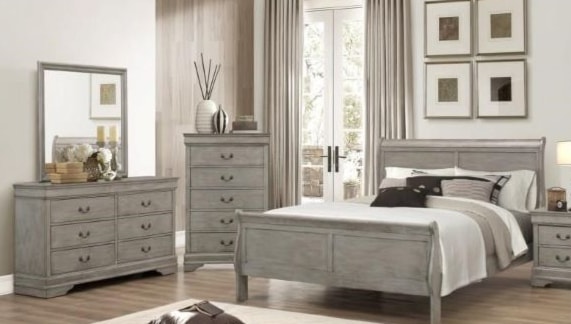 B3950 Gray Louis Philippe Queen Bedroom Group includes Queen Bed, Dresser and Mirror.  Additional items pictures include chest and nightstand.